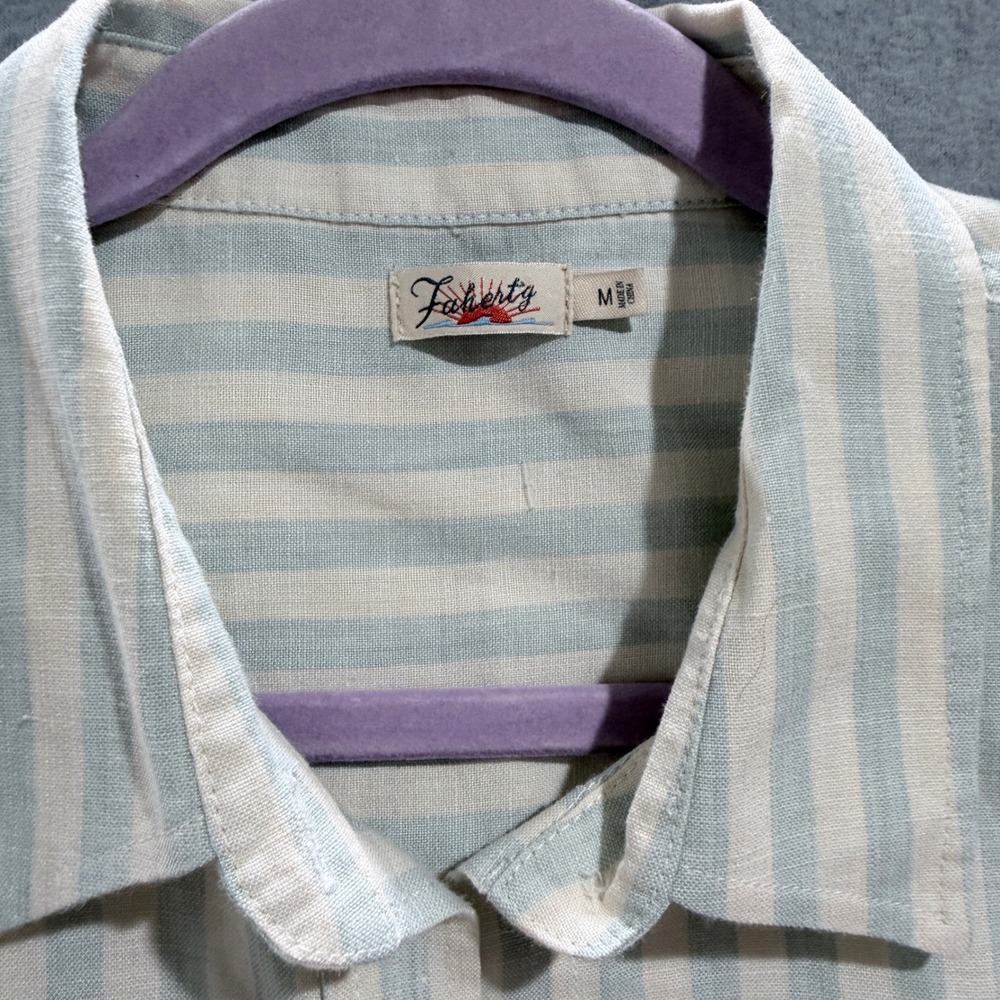 Faherty Womens Sleeveless Linen Blend Striped Button Down Shirt Blue Cream Med - Picture 2 of 7